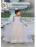 Long Sleeves Lace Tulle Pearl Buttons Back Dreamy Flower Girl Dress